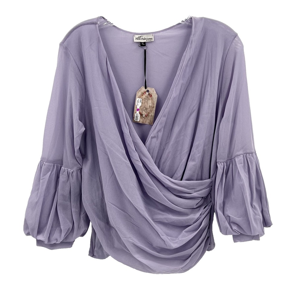 PETITE POIS by Viviana G NWT Lavender Semi-Sheer Chiffon Faux-Wrap Top XL--READ